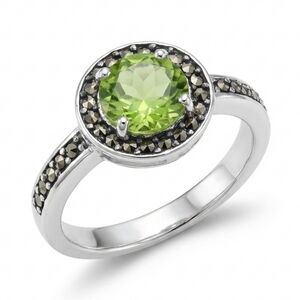 Sterling Silver 925 Peridot August Stone & Marcasite Halo Ring - Size 7